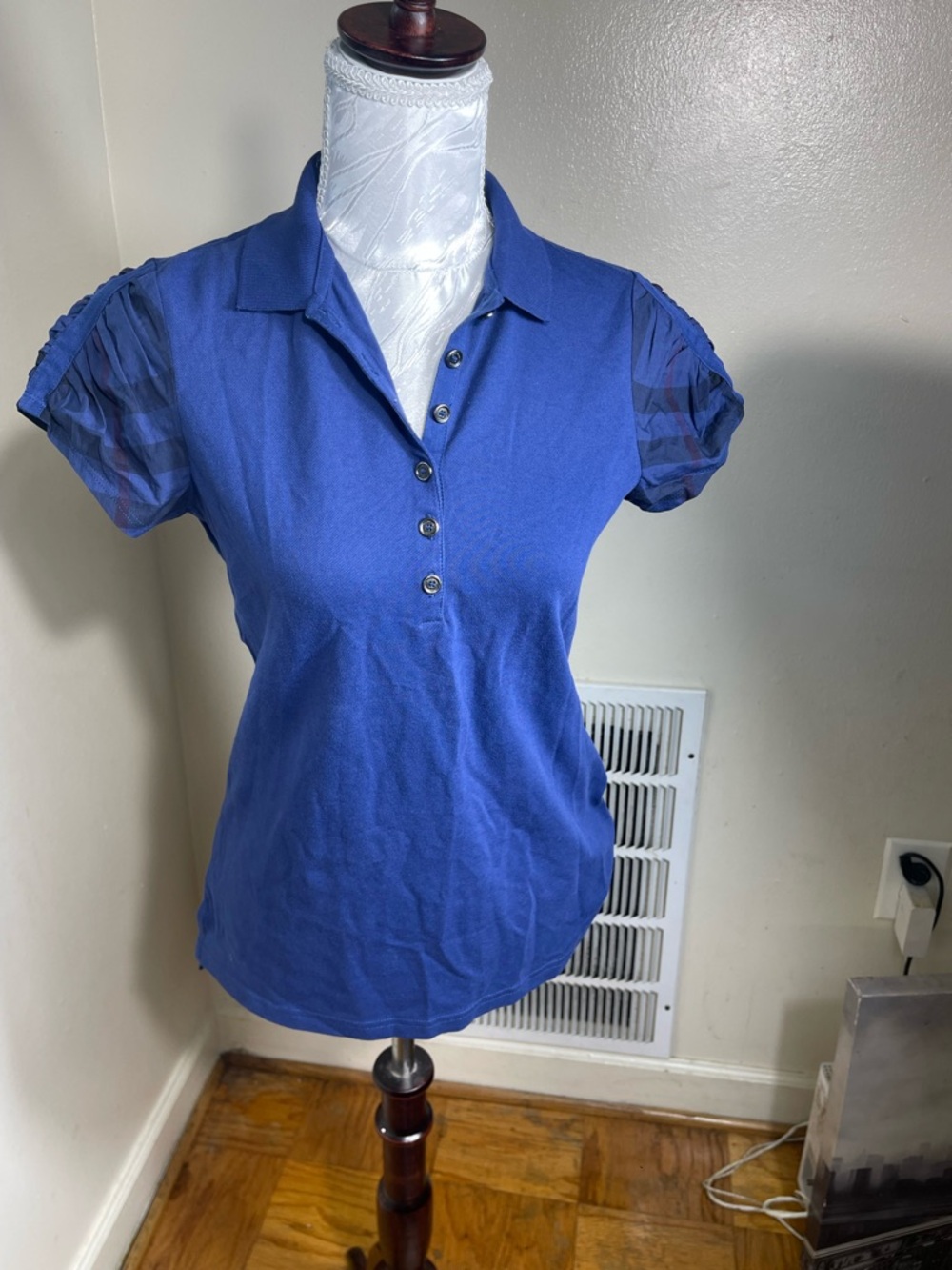 Burberry Royal Blue Button-Front Polo with Sheer Puff Sleeves